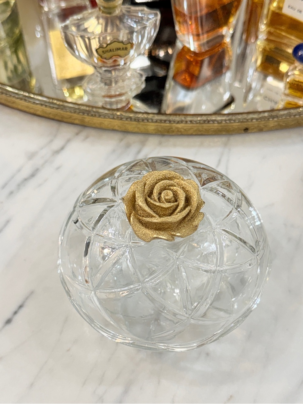 Vintage Clear Crystal Trinket Jar with Gold Rose Knob